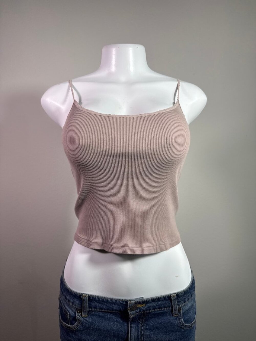 Ribbed Tank Top Mauve Lace Trim Spaghetti Strap Crop